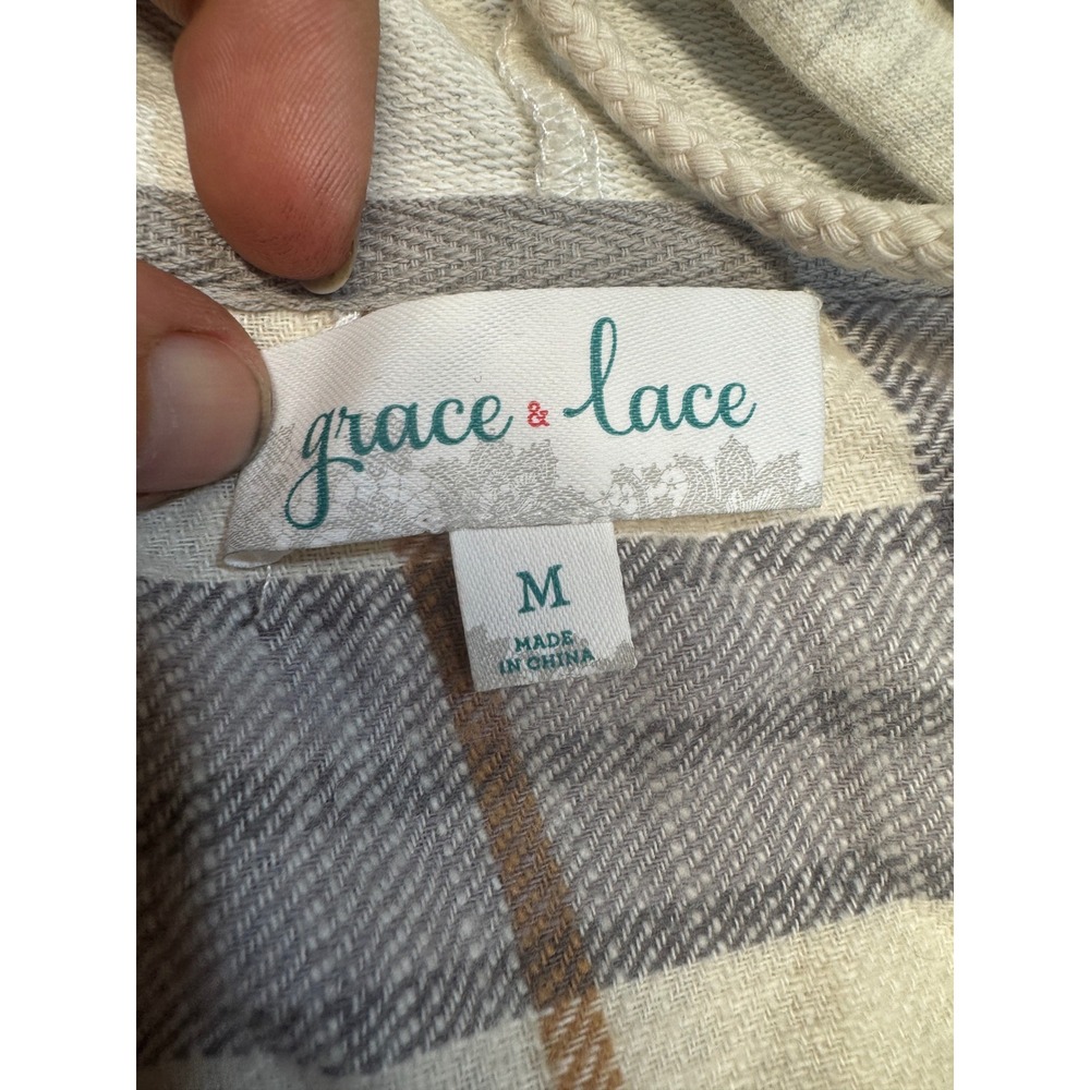 Grace & Lace Womens Plaid Hooded Flannel Shirt Grey Cream Tan Button Up Medium